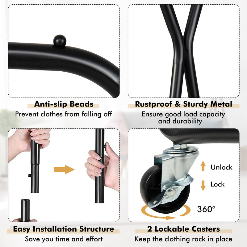 Klädställning på hjul med två klädstänger, hyllor och krokar för mångsidig förvaring