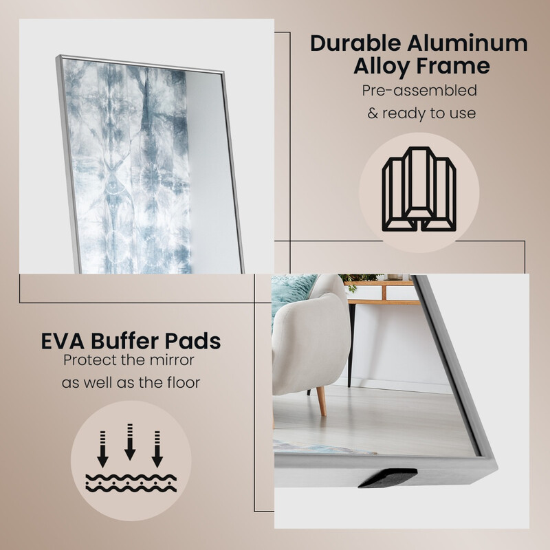 Helkroppsspegel 160x40 cm i silver med säkerhetsglas för golv och väggmontering