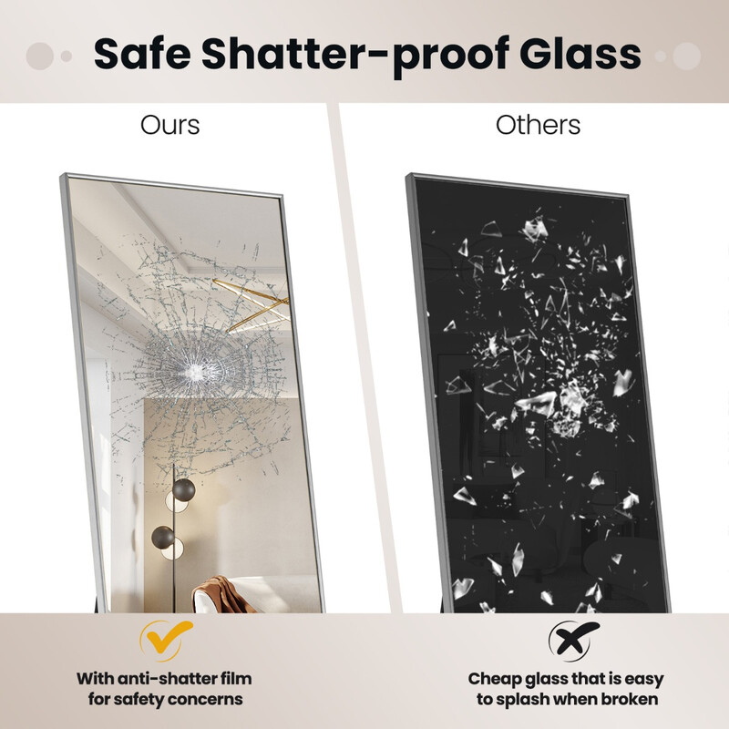 Helkroppsspegel 160x40 cm i silver med säkerhetsglas för golv och väggmontering