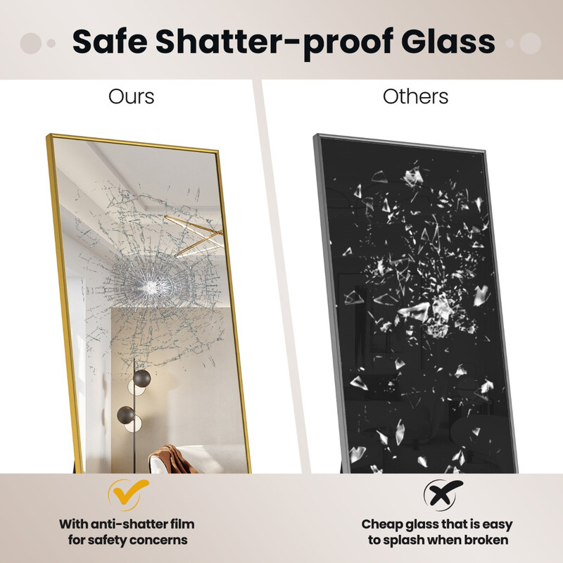 Elegant och säker helkroppsspegel 160x40 cm i guld med brudsäkert glas