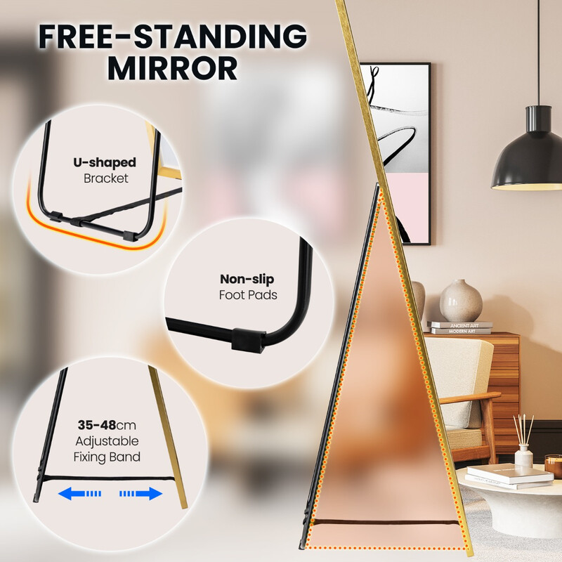 Elegant och säker helkroppsspegel 160x40 cm i guld med brudsäkert glas