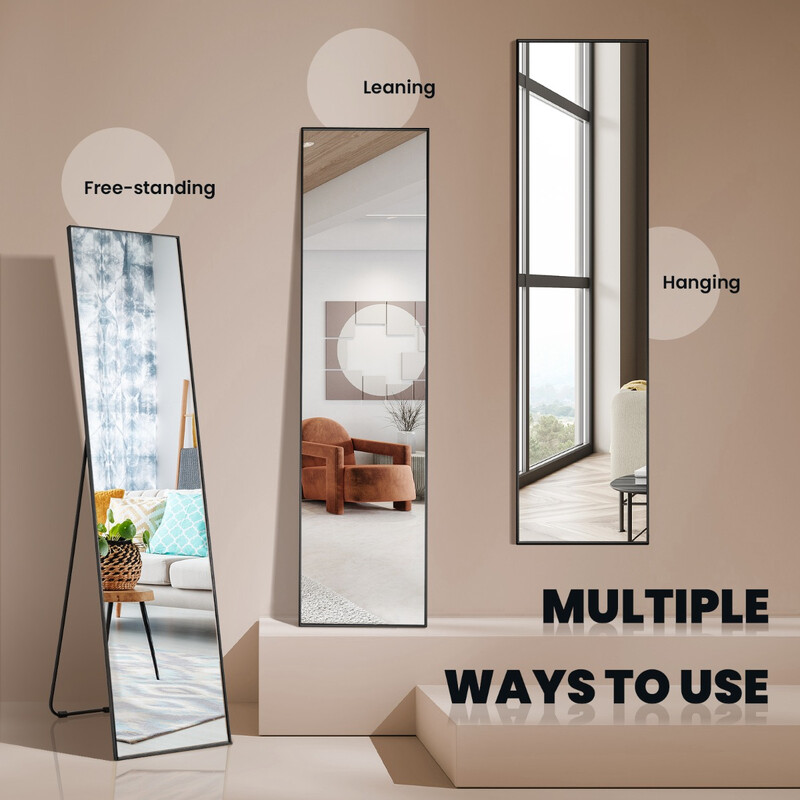 Helkroppsspegel 160x40 cm med säkerhetsglas, svart ram, stående eller väggmontering