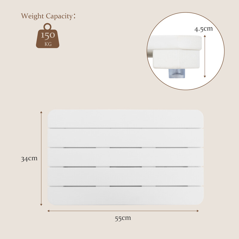 Vit badrumsmatta i HIPS-material, halkfri och korrosionsbeständig, 55 x 34 cm, 150 kg belastning