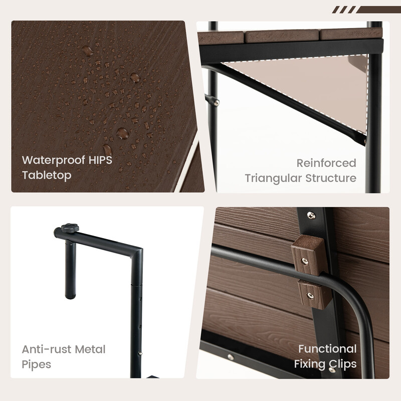 Höj- och sänkbart balkongbord i kaffebrun färg med hopfällbar design och väderbeständig konstruktion