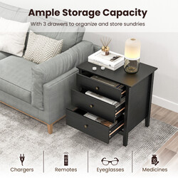 Sängbord med tre lådor i svart MDF för elegant och praktisk förvaring