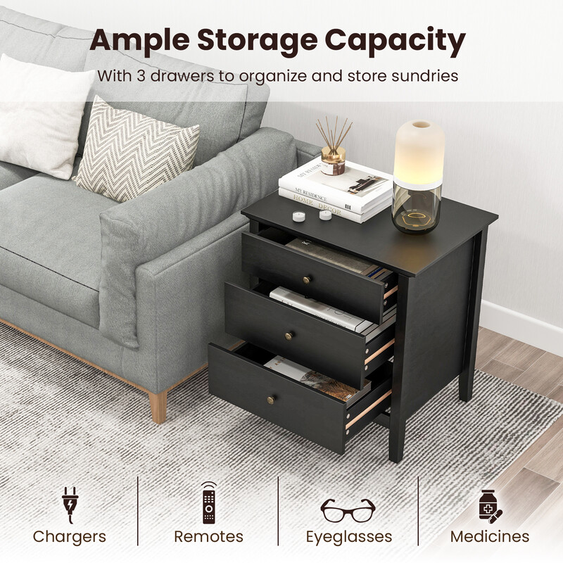 Sängbord med tre lådor i svart MDF för elegant och praktisk förvaring