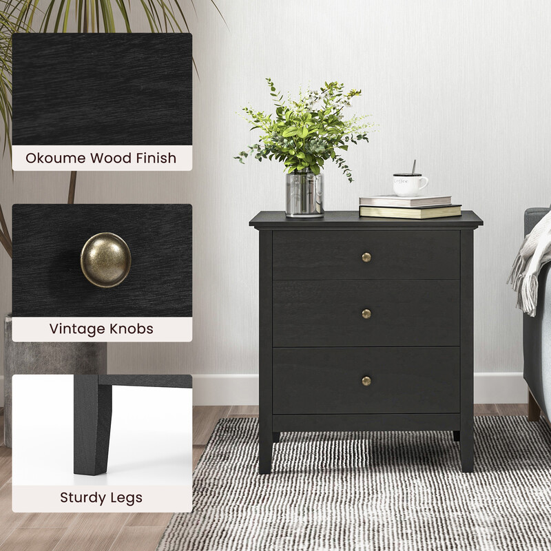 Sängbord med tre lådor i svart MDF för elegant och praktisk förvaring