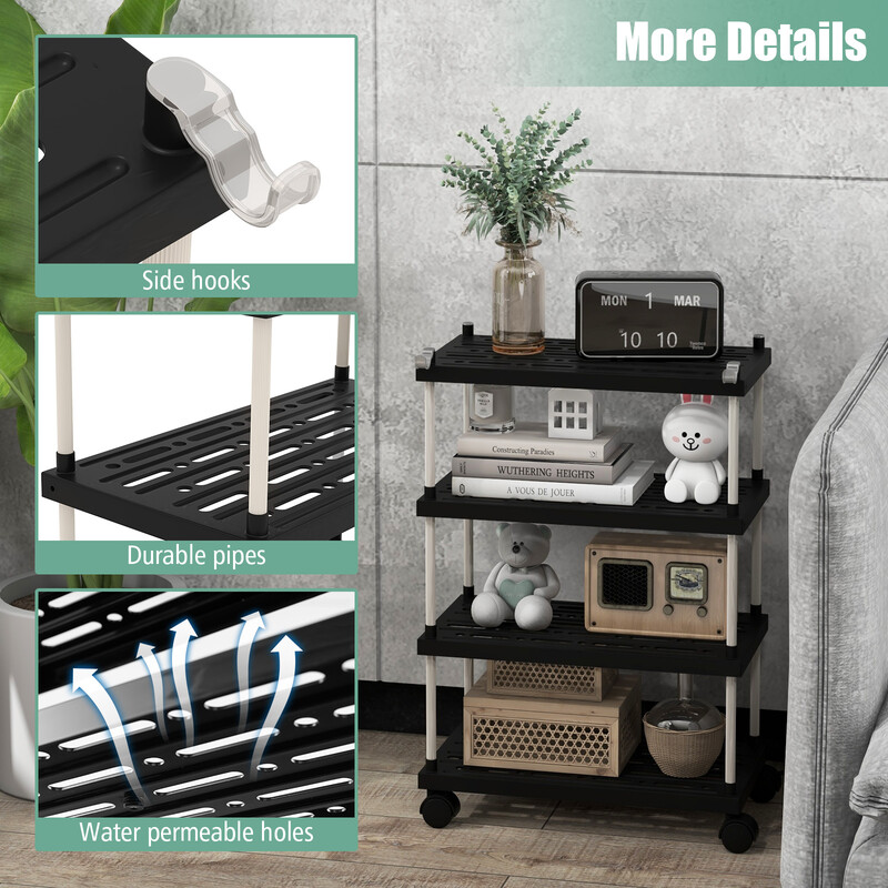 Förvaringsvagn med 4 nivåer och hjul, svart, 40 x 21 x 59,5 cm