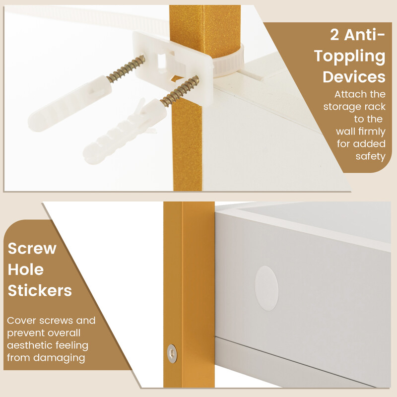 Platsbesparande toalettförvaring med 3 hyllor och 4 krokar i vit metallram