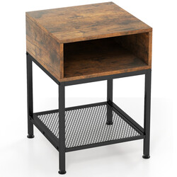 Sidobord med förvaringsfack och metallgallerhylla i lantlig design 40 x 40 x 57,5 cm