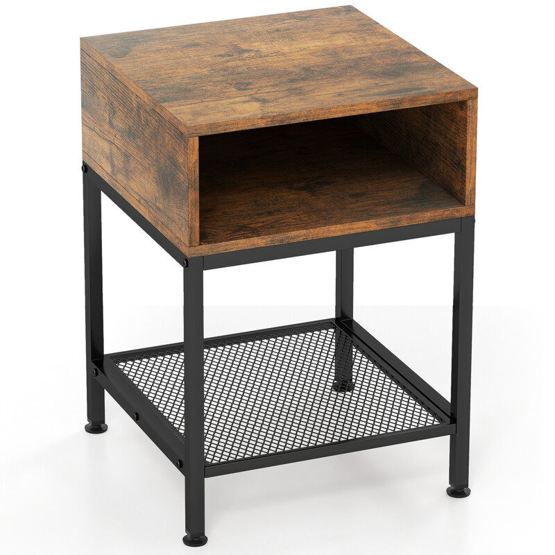 Sidobord med förvaringsfack och metallgallerhylla i lantlig design 40 x 40 x 57,5 cm