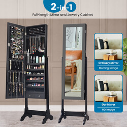 Stående smyckesskåp med spegel och lås i svart för säker förvaring
