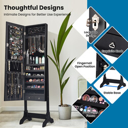 Stående smyckesskåp med spegel och lås i svart för säker förvaring