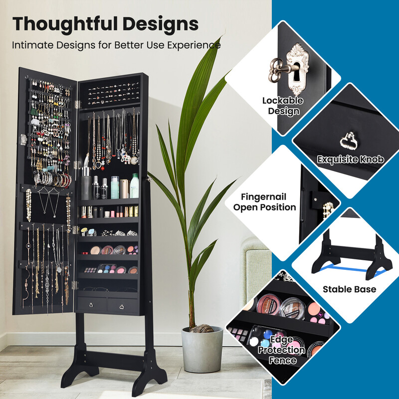 Stående smyckesskåp med spegel och lås i svart för säker förvaring