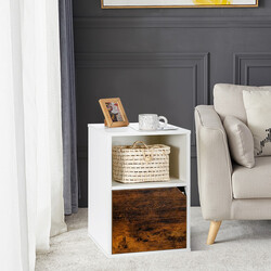 2-pack sängbord i trä med öppen hylla och skåp, vit, 3 nivåer