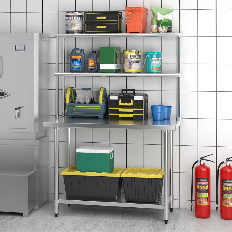 Dubbelt överhylla i rostfritt stål med justerbar hylla för kök och verkstad
