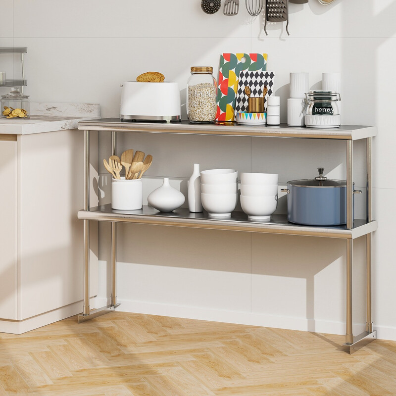 Dubbelt överhylla i rostfritt stål med justerbar hylla för kök och verkstad