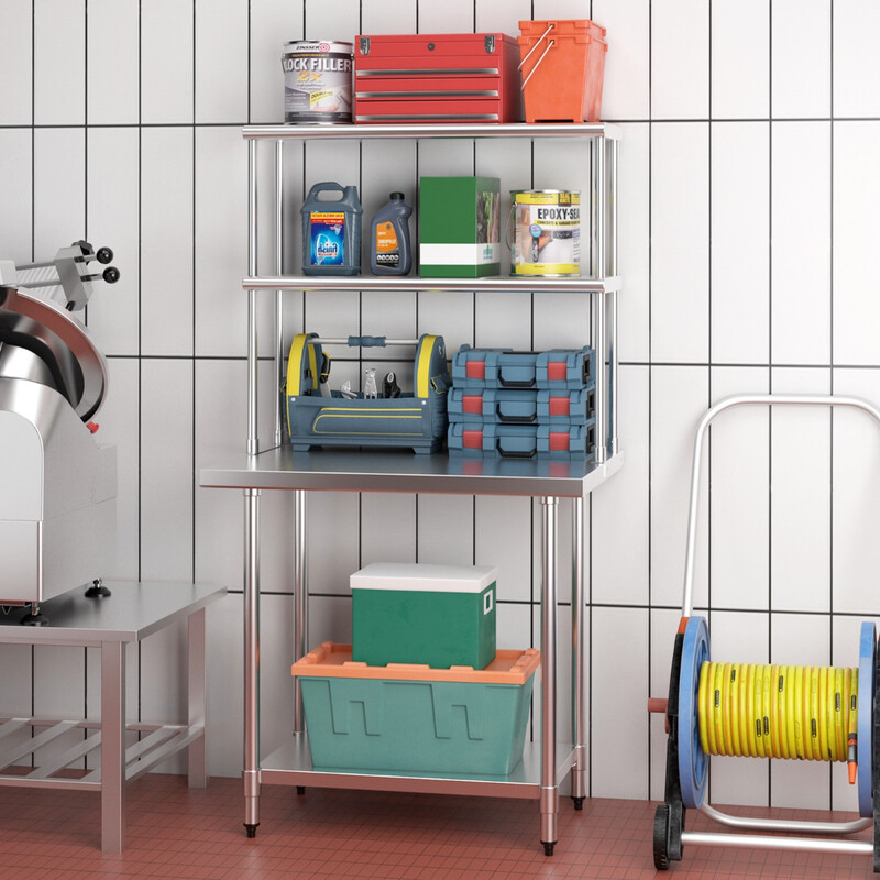 Tvåvåningshylla i rostfritt stål med justerbar hylla för kök och verkstad