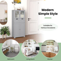 Badrumsskåp med glasdörrar, lådor och justerbara hyllor i grått