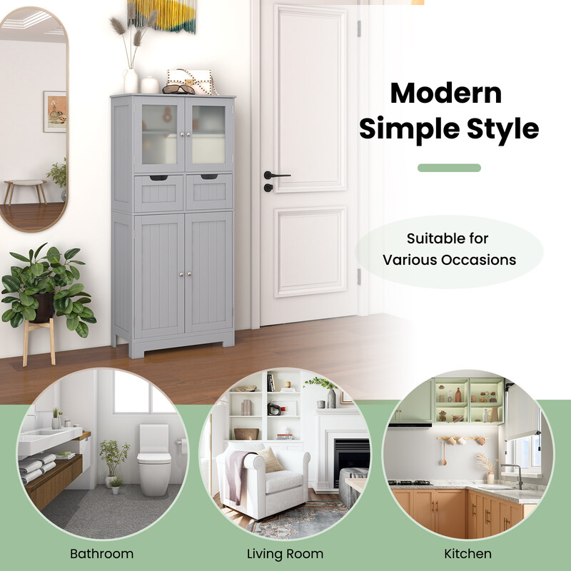 Badrumsskåp med glasdörrar, lådor och justerbara hyllor i grått