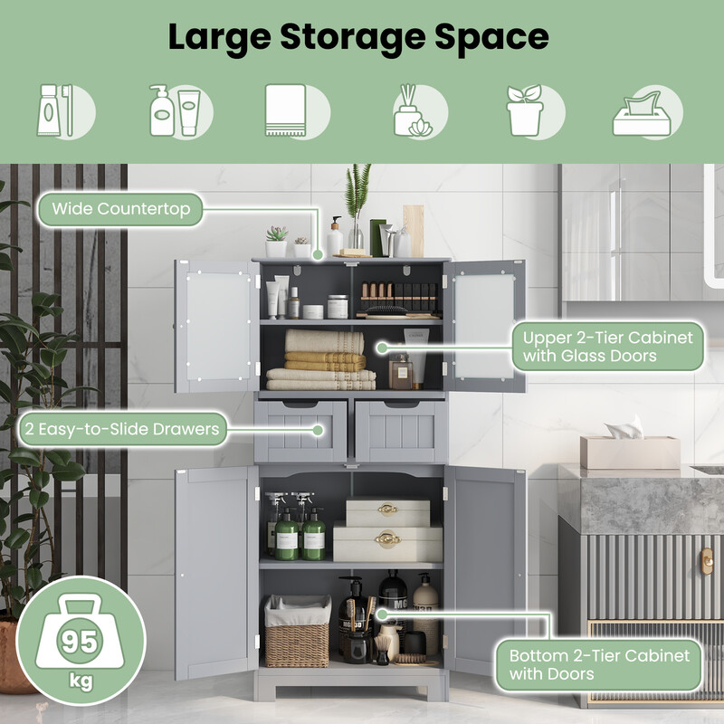 Badrumsskåp med glasdörrar, lådor och justerbara hyllor i grått