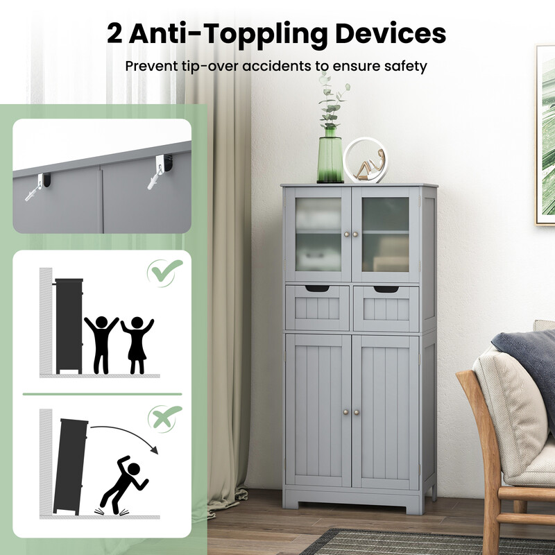 Badrumsskåp med glasdörrar, lådor och justerbara hyllor i grått