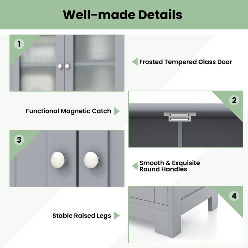 Badrumsskåp med glasdörrar, lådor och justerbara hyllor i grått