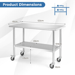 Stort arbetsbord i rostfritt stål med hjul och justerbar hylla för kök och restaurang