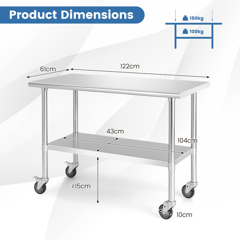 Stort arbetsbord i rostfritt stål med hjul och justerbar hylla för kök och restaurang