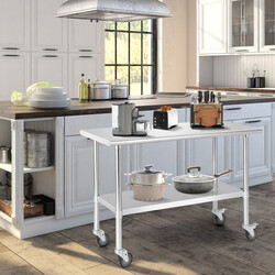 Stort arbetsbord i rostfritt stål med hjul och justerbar hylla för kök och restaurang