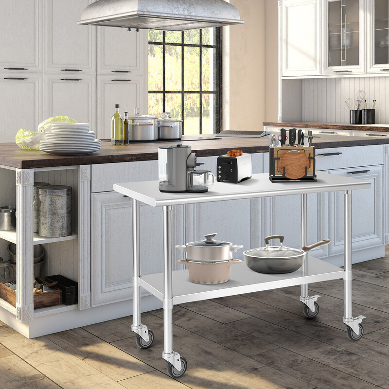 Stort arbetsbord i rostfritt stål med hjul och justerbar hylla för kök och restaurang