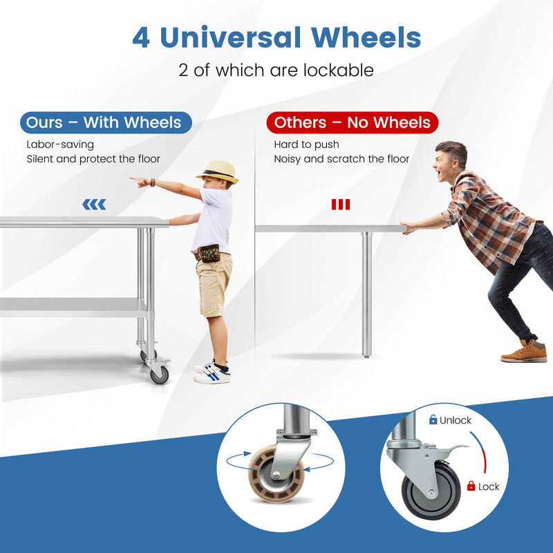 Stort arbetsbord i rostfritt stål med hjul och justerbar hylla för kök och restaurang