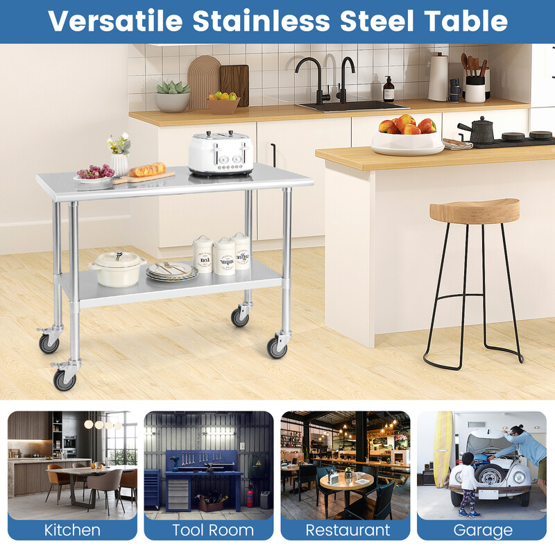 Stort arbetsbord i rostfritt stål med hjul och justerbar hylla för kök och restaurang