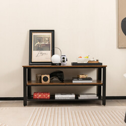 Industriell tv-bänk med öppna hyllor och metallram för tv upp till 50 tum