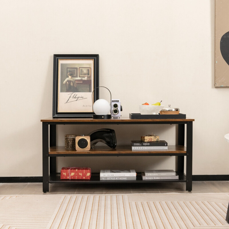 Industriell tv-bänk med öppna hyllor och metallram för tv upp till 50 tum