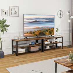 Industriell tv-bänk med öppna hyllor och metallram för tv upp till 50 tum