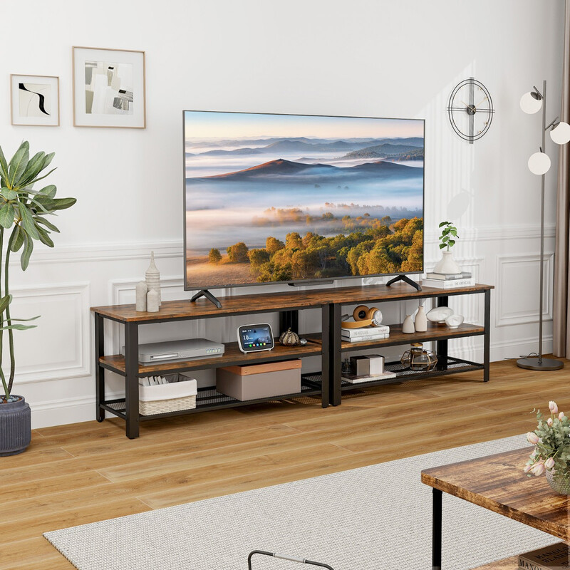 Industriell tv-bänk med öppna hyllor och metallram för tv upp till 50 tum