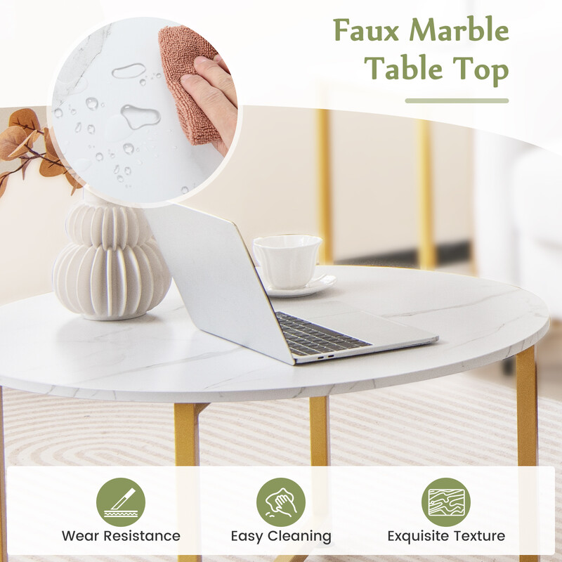 3-delad soffbordsserie med metallram i vit och guld för vardagsrum