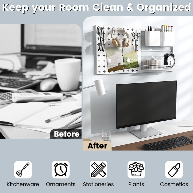 Väggorganisatör med förvaringshylla, behållare, magneter och krokar för effektiv organisering