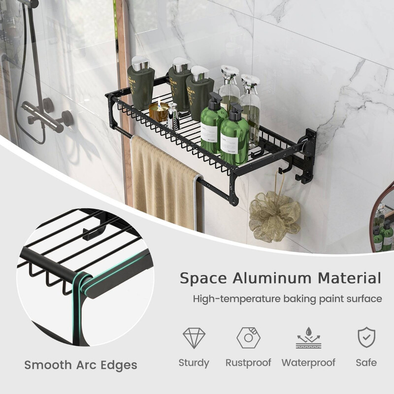 Fällbar handdukshållare med justerbar stång och flyttbara krokar för badrum