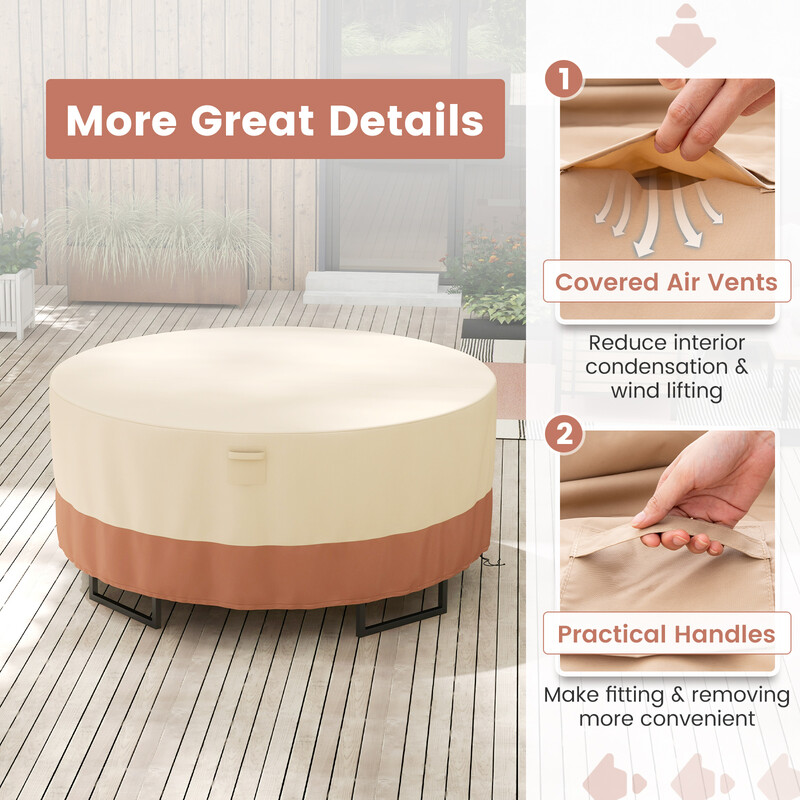 Runt terrassöverdrag 183 cm med ventilationsöppningar, spännen och dragsnören i beige polyestertyg