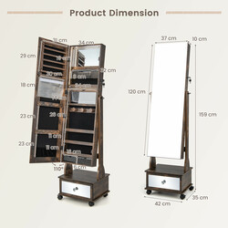 Smyckesskåp med speglar, låda, hjul och LED-belysning i rustik brunt