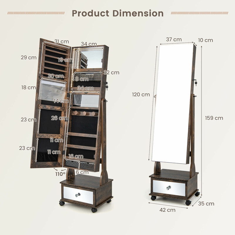 Smyckesskåp med speglar, låda, hjul och LED-belysning i rustik brunt