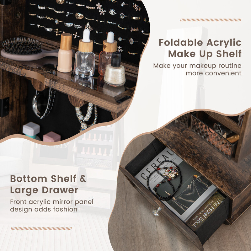 Smyckesskåp med speglar, låda, hjul och LED-belysning i rustik brunt