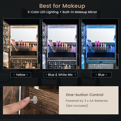 Smyckesskåp med speglar, låda, hjul och LED-belysning i rustik brunt