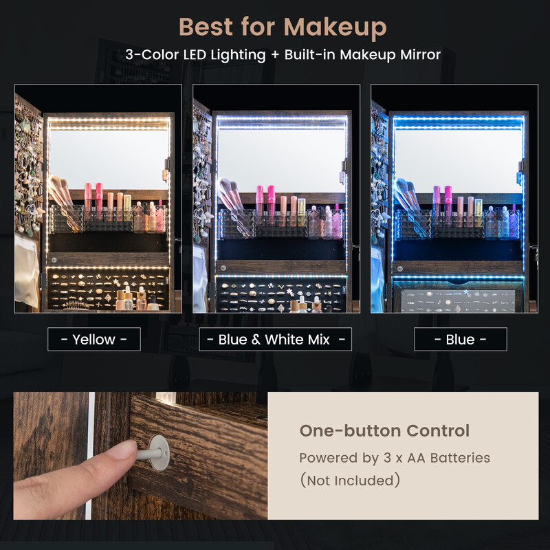 Smyckesskåp med speglar, låda, hjul och LED-belysning i rustik brunt