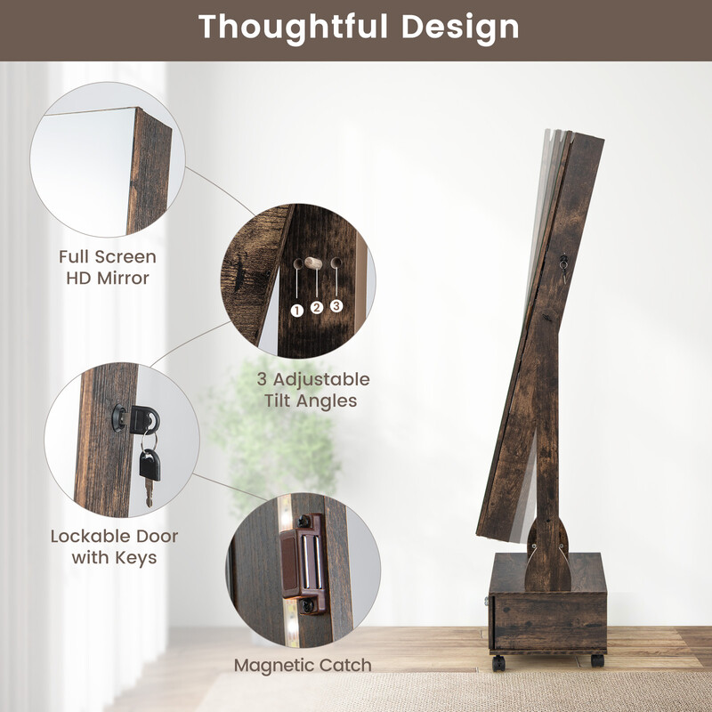 Smyckesskåp med speglar, låda, hjul och LED-belysning i rustik brunt