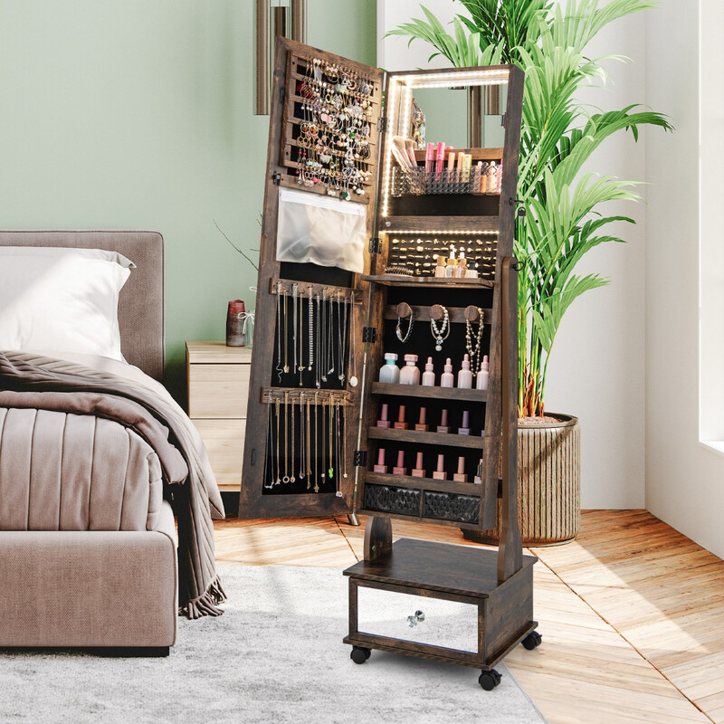 Smyckesskåp med speglar, låda, hjul och LED-belysning i rustik brunt