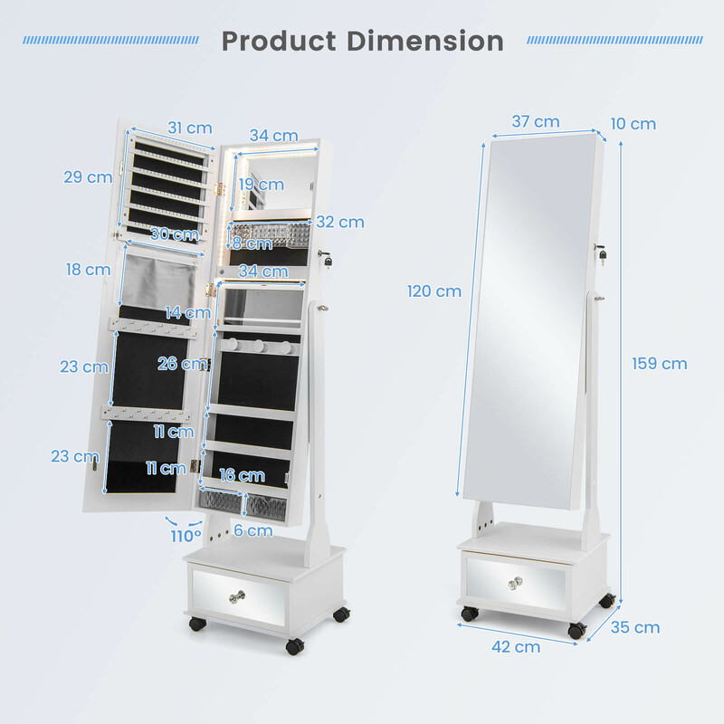 Smyckeskåp med spegel, lådor, hjul och LED-belysning - vit förvaringslösning