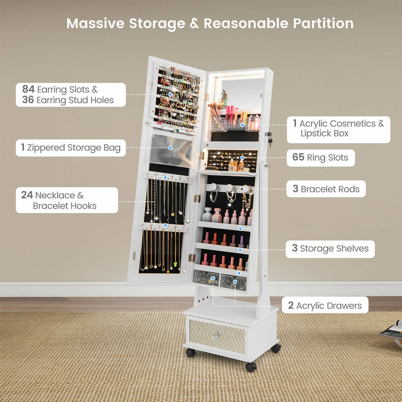 Smyckeskåp med spegel, lådor, hjul och LED-belysning - vit förvaringslösning